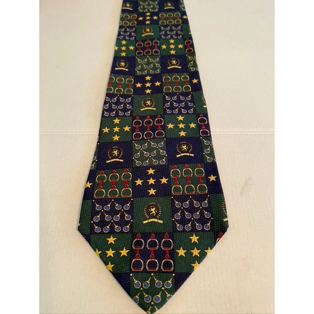 Tommy Hilfiger Mens Silk Tie Navy Green Equestrian Crest Stars Made in USA